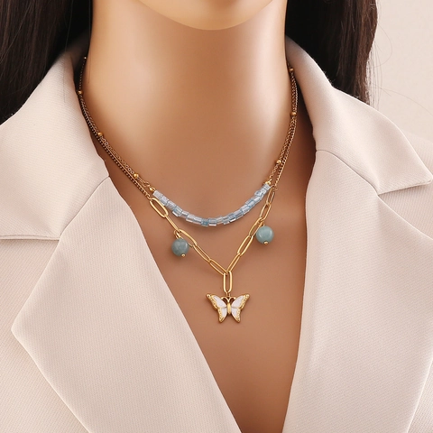 Stainless Steel Double Layer Necklace With Colorful Stone Beads Butterfly Shell Flower Pendant Fashion Jewelry For Women