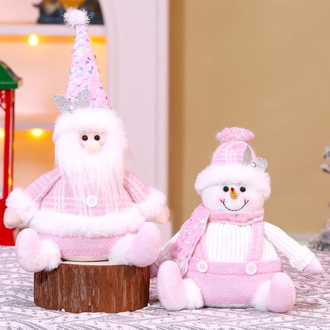 Christmas Plush Doll Pink Sequin Sitting Santa Snowman Reindeer Ornament Knitted Soft Festive Home Window Decor Gift