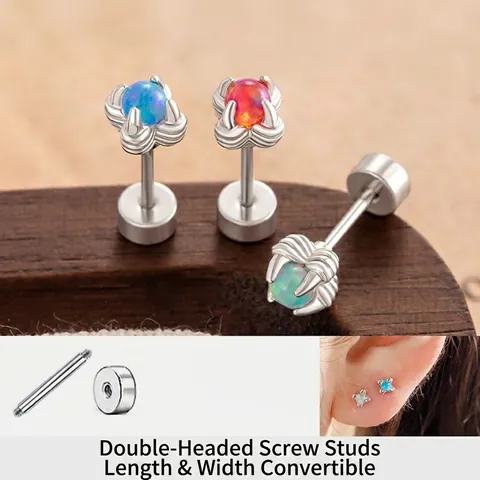 Titanium Steel Dragon Claw Stud Earrings Synthetic Opal Round Double Head Screw Flat Back Piercing Jewelry Niche Retro Style