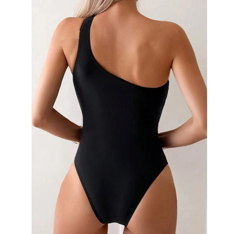 Traje De Baño De Una Pieza Un Hombro Recorte Detalle De Nudo Color Sólido Poliéster Spandex Espalda Descubierta Mujeres