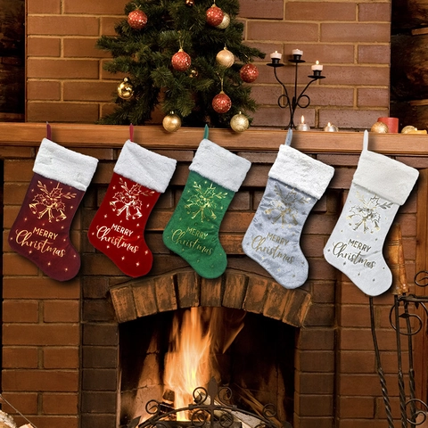 Christmas Stockings Velvet Holiday Decor With Faux Fur Cuff Gold Stamped Merry Christmas For Fireplace Home Decoration
