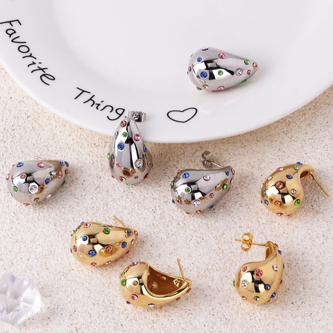 Teardrop Stud Earrings 18K Gold Plated Copper With Colorful Zircon Inlay INS Style Elegant Jewelry For Women