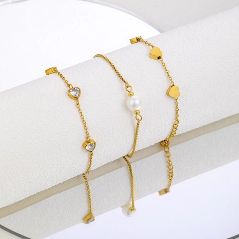 Bracciale A Cuore In Acciaio Inossidabile Da Donna Placcato Oro 18K Perla Artificial Zirconia Catena Regolabile Gioielli Eleganti