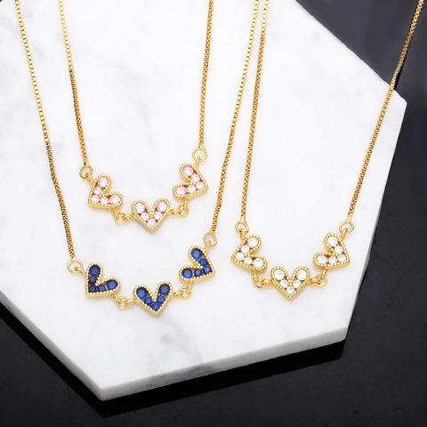 Chic Linked Heart Pendant Necklace Gold Plated Copper Sparkling Cubic Zirconia Box Chain Romantic Jewelry For Women