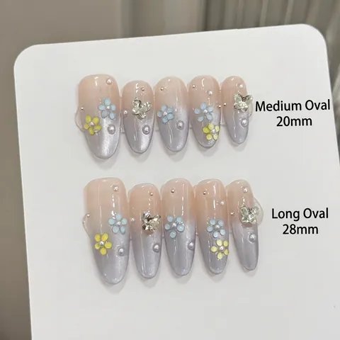 Uñas Postizas Hechas A Mano Ojo De Gato Degradado Estilo Francés Adorno Floral Mariposa De Metal Y Perla Artificial Uñas Elegantes