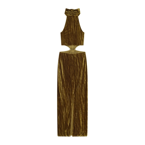Robe Maxi À Dos Nu Velours Plissé Taille Ajourée Boucle Strass Sans Manches Col Montant Élégante Fête Femmes
