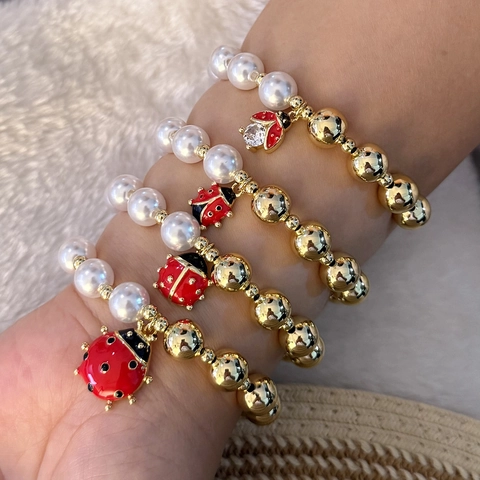Fashion Beaded Bracelet Faux Artificial Pearl Copper Enamel Ladybug Charm Rhinestone Cute Jewelry For Women Accessory