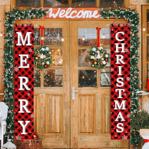 Kerst Banner Polyester Rood Zwart Geblokt Sneeuwvlok Buiten Hangende Deur Decoratie Verticale Vlag