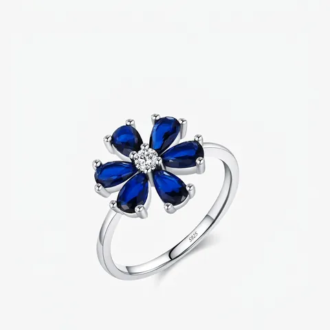 925 Sterlingsilber Blauer Blumen Ring Für Damen Elegant Wassertropfen Strass Eingelegt Übertriebener Party Finger Schmuck