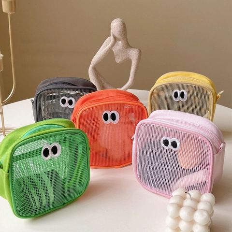 Mesh Cosmetic Bag Big Eyes Embroidery Transparent Toiletry Storage Pouch Travel Portable Cartoon Makeup Organizer