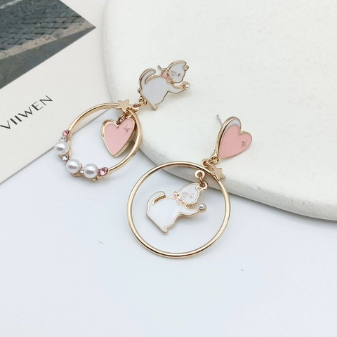 Asymmetric Cat Heart Drop Earrings With 925 Sterling Silver Earring Post Alloy Enamel Artificial Pearl Pink Rhinestone Cute Jewelry