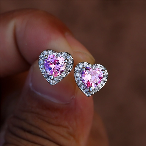 Heart Stud Earrings Copper Zirconia Halo Sparkling Delicate Jewelry For Women Sweet Romantic Style