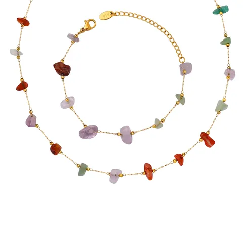 Collier Et Bracelet En Pierre Naturelle Acier Titane Plaqué Or 18K Perles De Chip Irrégulières Colorées Bijoux De Mode Style Forêt