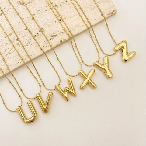 Collier Pendentif Lettre Ballon Gonflable Plaqué Or Acier Inoxydable Bijou Alphabet Initial 3D Pour Femmes Élégant Simple