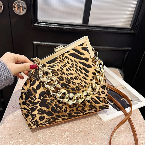 Leopard Print Umhängetasche Für Damen Vintage Stoff Handtasche Mit Goldener Dicker Kettengriff Metallrahmen Clipverschluss Mode
