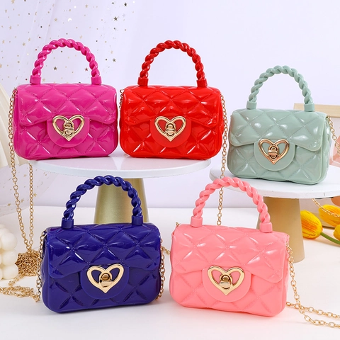 Mini Jelly Crossbody Bag PVC Diamond Lattice Heart Shaped Metal Lock Chain Strap Twisted Handle Cute Fashion For Girls Women