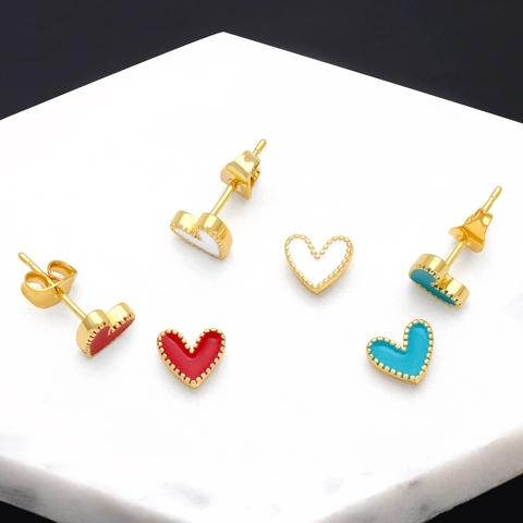 Heart Stud Earrings Copper 18K Gold Plated Enamel Minimalist Beaded Edge Fashion Jewelry For Women Girls