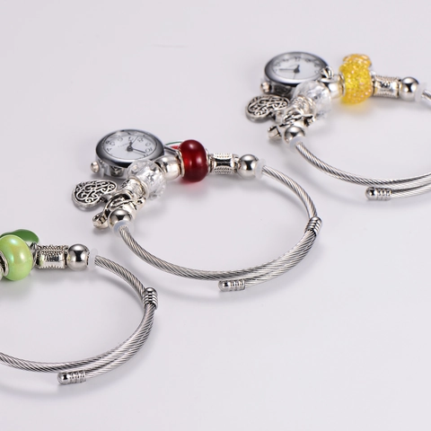Womens Quartz Bracelet Watch 316L Stainless Steel Beaded Fruit Enamel Charms Adjustable Heart Pendant Fashion Jewelry