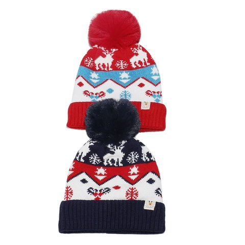 Berretto In Maglia Di Natale Per Bambini Renna Fiocco Di Neve Jacquard Pompon Inverno Caldo In Acrilico