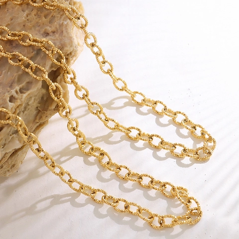 Chunky Chain Necklace And Bracelet 18K Gold Plated Titanium Steel Textured O-Chain Ins Style For Women Elegant