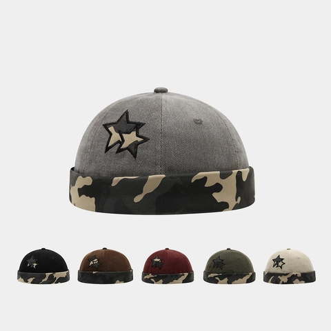 Unisex Baumwolle Docker Hut Vintage Stern Stickerei Camouflage Krempe Verstellbare Randlose Miki Kappe Streetwear Hip Hop