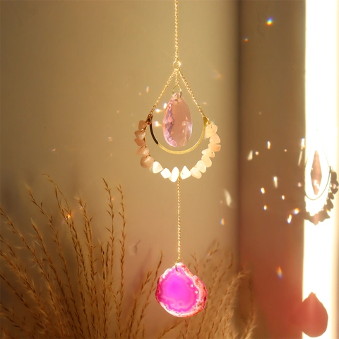 Natural Agate Suncatcher Crystal Prism Moon Hanging Ornament Window Car Decor Boho Rainbow Maker
