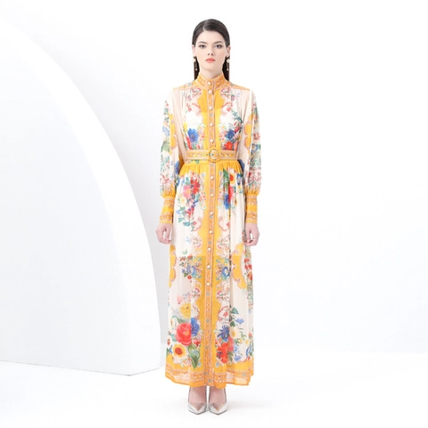 Elegante Abito Maxi A Fiori Vintage Con Collo Alto Maniche A Lanterna E Cintura Abito Lungo In Poliestere Da Donna