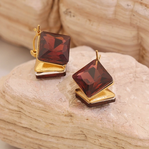 Geometric Square Gemstone Earrings Stainless Steel Gold Plated Minimalist Colorful Crystal Jewelry For Women