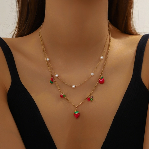 Collana Con Pendente Frutta Rossa In Acciaio Inossidabile Doppio Strato Fragola Ciliegia Mela Anguria Gioielli Estivi Per Donna