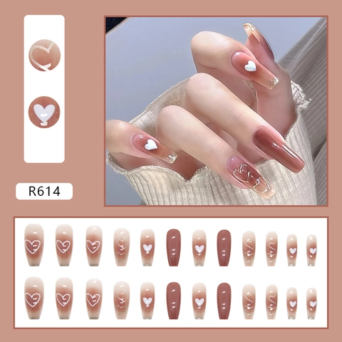 Unghie Finte Press On Nails Lunghe Sfumate Marroni Nude Motivo Cuore Bianco Unghie Artificiali Per Donne Moda Quotidiana