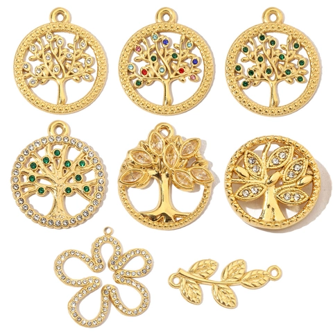 Lebensbaum Blume Blatt Anhänger Edelstahl Strass Zirkon Für DIY Schmuckherstellung Französisch Vintage Rund Bunt