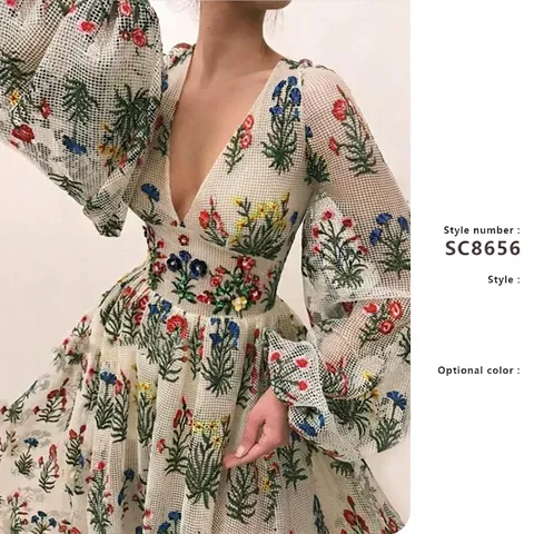 Floral Embroidery Maxi Dress V Neck Lantern Sleeve Mesh Bohemian Vintage Elegant Long Resort Vacation Gown For Women