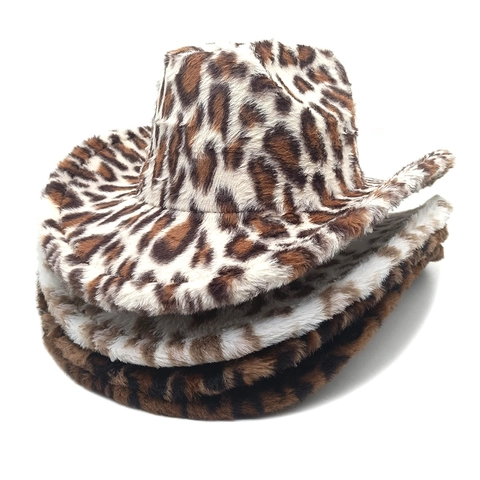 Women Leopard Print Faux Fur Western Cowboy Hat Thick Warm Plush Wide Brim Vintage Outdoor Fashion