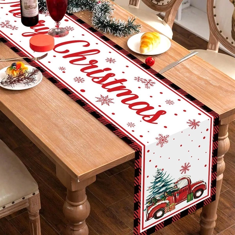 Kerst Tafelloper Polyester Ruitjes Rode Truck Kerstboom Merry Christmas Feest Tafel Decoratie Boerderij Stijl