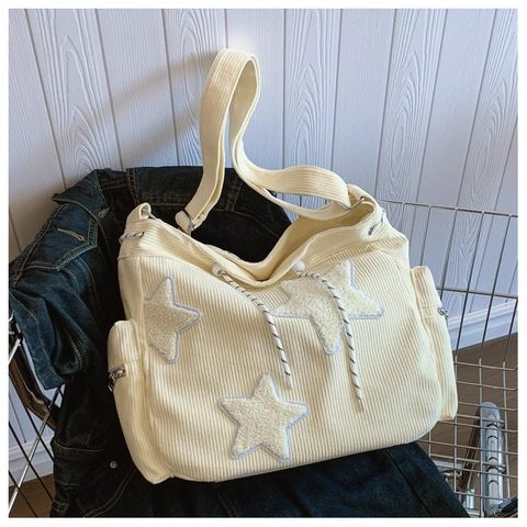 Hobo Bag Women Corduroy Large Capacity Star Patchwork Drawstring Crossbody Shoulder Tote Casual Y2K Streetwear