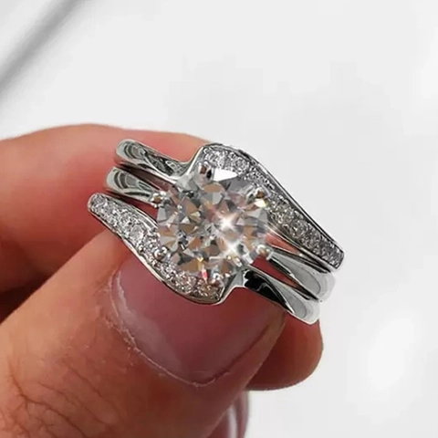 Elegant Copper Zircon Wedding Bridal Jewelry Round Brilliant Cut Main Stone And Wave Curved Design Eternity Bands