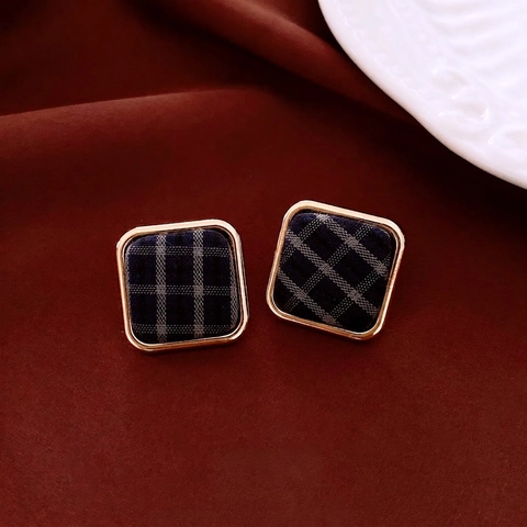 Square Stud Earrings Alloy Plaid Fabric With 925 Sterling Silver Earring Post Retro Vintage Fashion Jewelry For Women