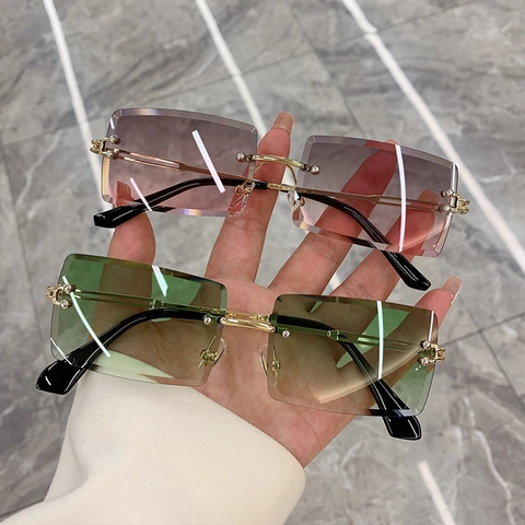 Occhiali Da Sole Rettangolari Senza Montatura Montatura In Metallo Lenti Sfumate Decoro Strass Moda Protezione UV400