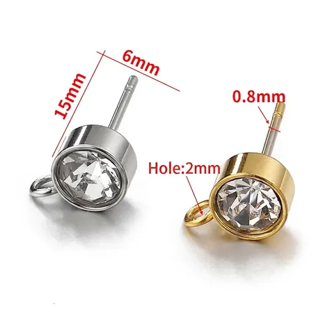 Perni Per Orecchini In Acciaio Inossidabile Con Zircone Tondo Chiaro E Occhiello Pendente Per Creazione Gioielli