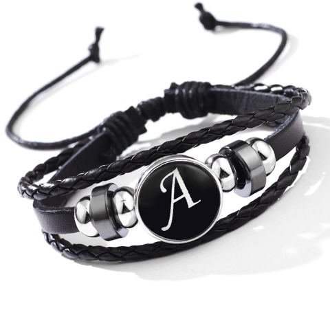 Bracciale In Pelle Intrecciata Multistrato Lettera Iniziale Bottone A Pressione In Vetro Perline Ematite Gioielli Punk