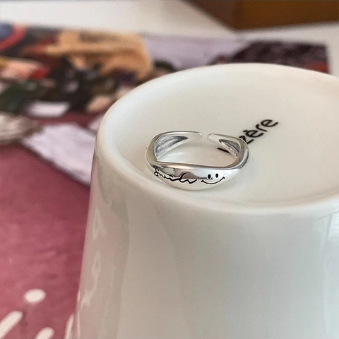 S925 Sterling Silber Ring Lächeln Buchstabe Smiley Gesicht Verstellbar Offen Unregelmäßig Retro Minimalistischer Schmuck Für Damen