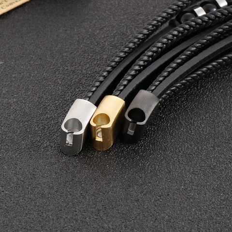 Men Layered Braided Genuine Leather Bracelet With Stainless Steel Magnetic Clasp And Beads Retro Punk Rock Wristband