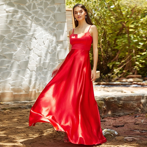 Women Red Satin Backless Evening Prom Dress Sexy Spaghetti Strap Lace Up Large Swing Long Formal Party Gown