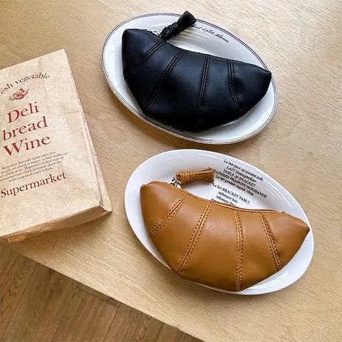 Mini Monedero Forma De Croissant Cuero PU Cremallera Bolso De Mano Pequeño Acolchado Media Luna Mujer Chic