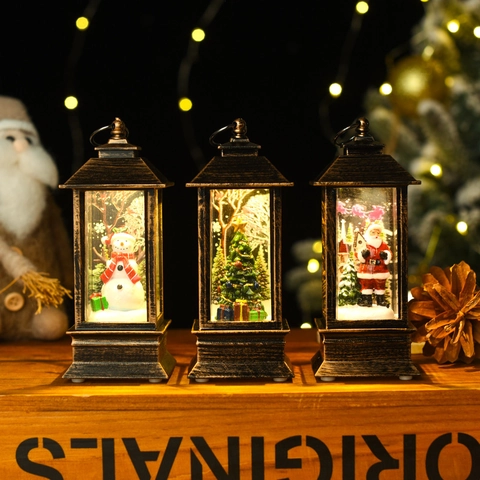 Lanterna Palla Di Neve LED Di Natale Cabina Telefonica Treno Ornamento Vintage Luminoso Babbo Natale Pupazzo Di Neve Decorazione