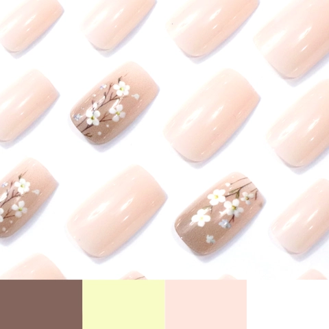 Glänzende Press On Nägel Weiße Blumenmuster Blau Floral Nude Rosa Farbverlauf Mittel Quadrate Kunstnägel Für Damen Elegant Schlichter Stil