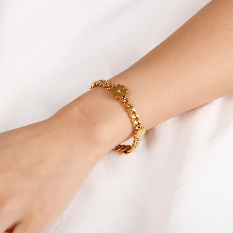 Bracciale Quadrifoglio Acciaio Inossidabile Zircone Fiore Catena Cubana Gioielli Regolabili Donna