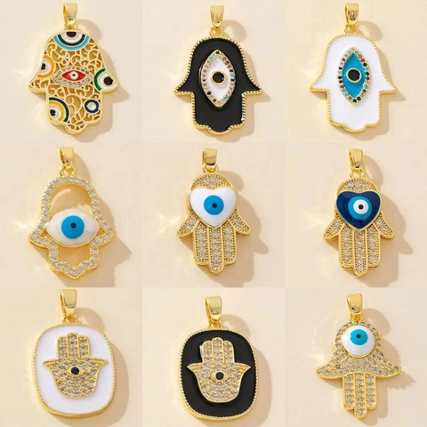 Hamsa Hand Böser Blick Anhänger Kupfer Zirkon Emaille Vergoldet Modeschmuck Zubehör Für Frauen