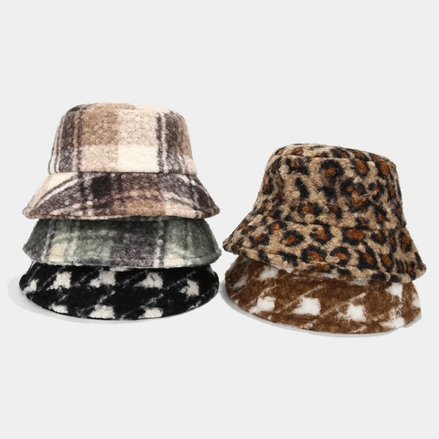 Retro Sherpa Fleece Bucket Hat Thickened Warm Winter Basin Cap Plaid Leopard Print For Women Men