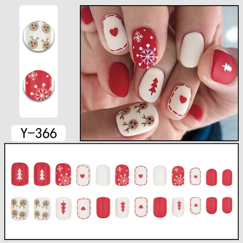 Christmas Press On Nails Red White Reindeer Snowflake Pattern Matte Square Round Artificial False Nails Winter Holiday